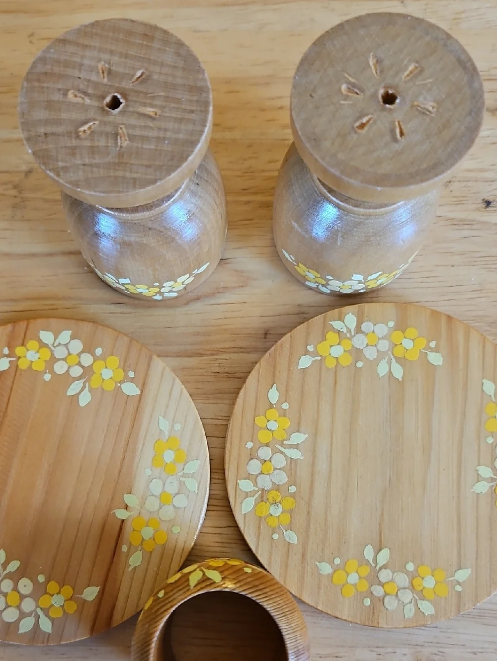 Hand-Painted Wooden Egg Cups, Coasters & Napkin Rings - Yellow Floral